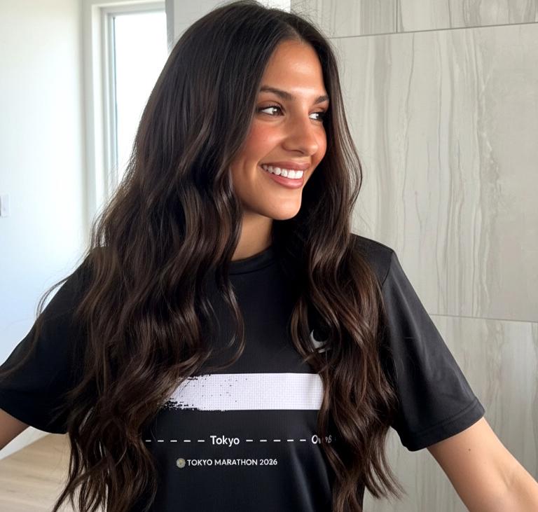 Woman wearing keratin hair extensions.
